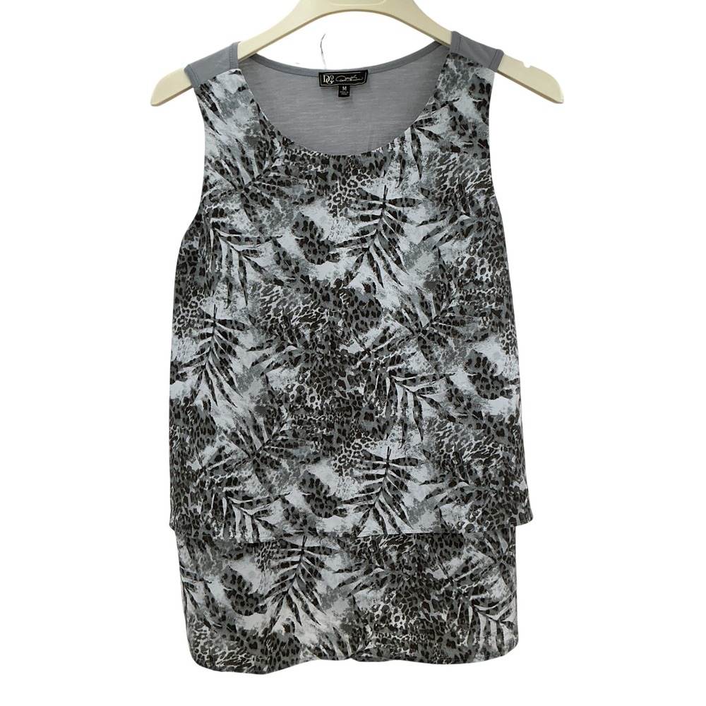 DG2 Diane Gilman Tank Top Womens Medium Gray Leopard Tropical Palm Layered Print